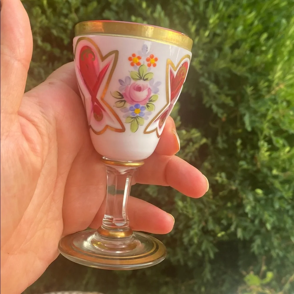 ❤️💙 Czech Bohemian Hand Enameled Floral White Cased Cut to Cranberry Glass -🌺🌸